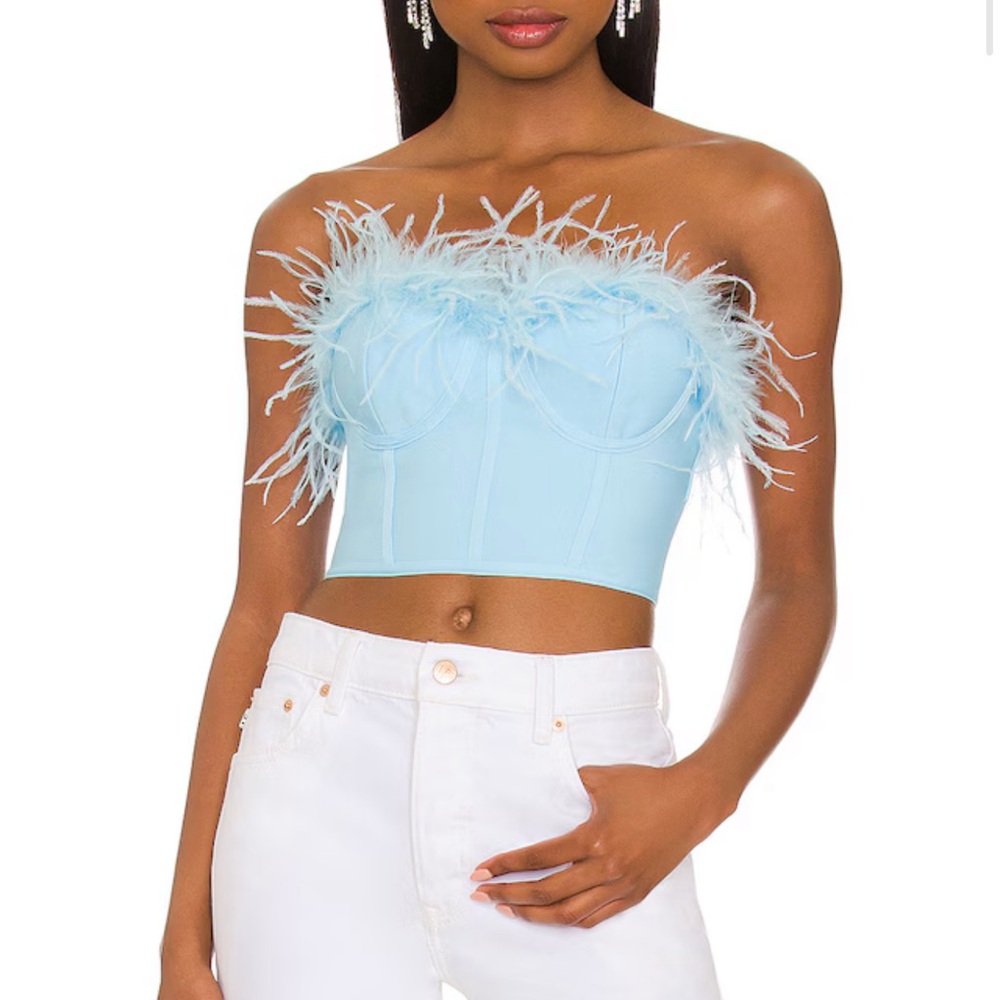 Superdown Ramona Bustier Feathered Blue Strapless Top
